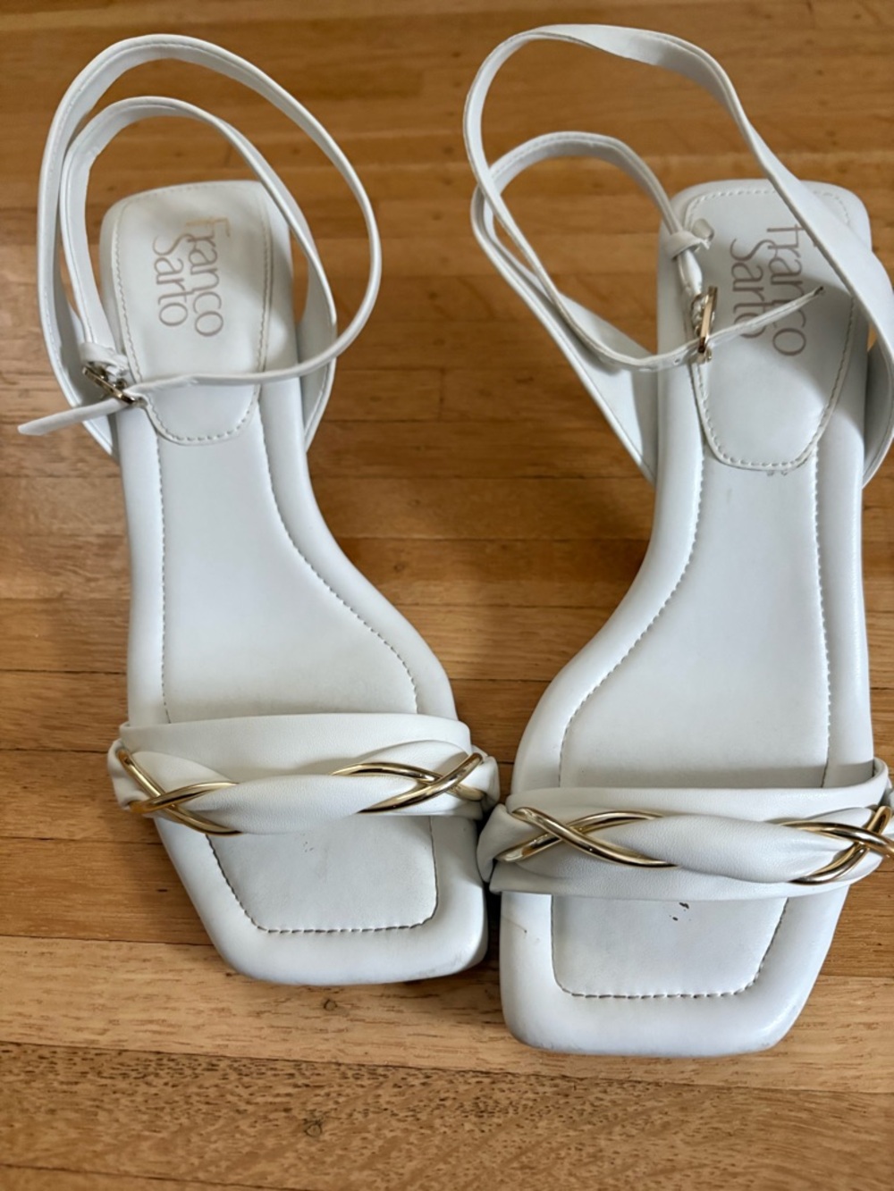 Franco Sarto White Square-Toe Slingback Sandals with Gold Accent